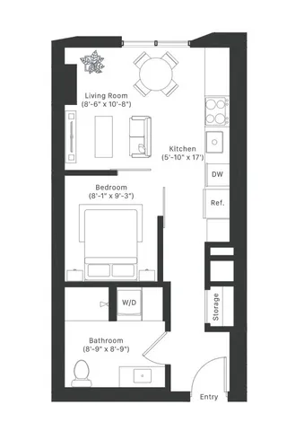 Modern one-bedroom apartment floor plan featuring an open-concept living room and kitchen, spacious bedroom, and stylish bathroom with ample storage.