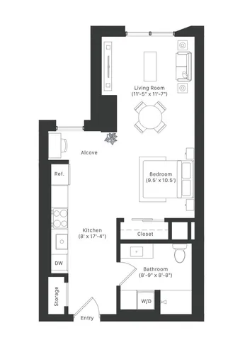 Elegant floor plan with 1 bedroom, open living room, modern kitchen, and convenient bathroom layout.