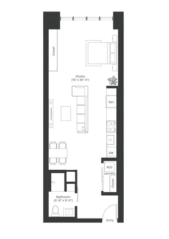 Modern studio apartment floor plan featuring an open-concept layout with a spacious living area, kitchen with dining nook, and convenient bathroom near entry.
