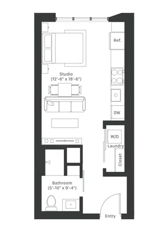 Efficient studio apartment floor plan with a cozy layout featuring a spacious room integrating living and sleeping areas, a modern kitchen, and a compact bathroom.