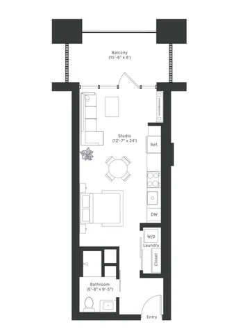 Elegant studio floor plan featuring an open-concept living area with a balcony, modern kitchen, and spacious bathroom.
