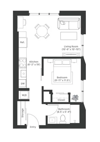 Modern 2D floor plan showcasing a single-bedroom apartment with an expansive living room, sleek kitchen, cozy bathroom, and ample storage space. Perfect for stylish urban living.