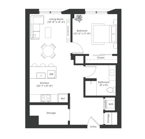 Modern floor plan showcasing 1 bedroom, open living area, kitchen with dining space, and convenient closet and storage options.