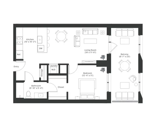 Modern apartment floor plan featuring an open-concept living room, spacious kitchen, cozy bedroom, luxurious bathroom, convenient laundry area, and expansive balcony.