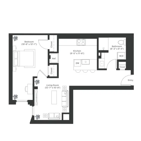 Modern floor plan showcasing a spacious bedroom, inviting living room, well-equipped kitchen, and a convenient bathroom with W/D setup.