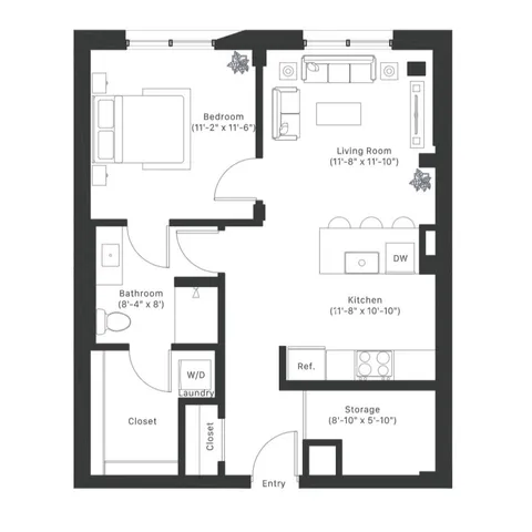 Modern 1-bedroom floor plan featuring a spacious living room, efficient kitchen with dishwasher, and ample storage.
