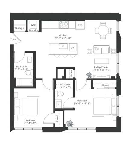 Contemporary 2D floor plan displaying a spacious 2-bedroom apartment with an open-concept kitchen and living room, featuring luxurious amenities and modern design.