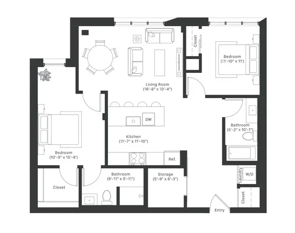 Modern floor plan displaying 2 spacious bedrooms, a contemporary living room, and a sleek kitchen layout.
