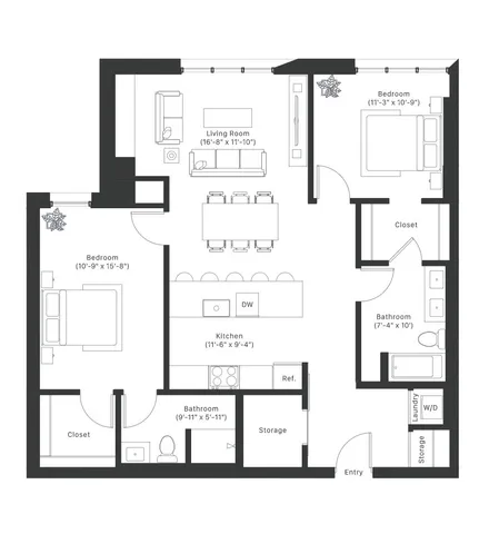Modern floor plan showcasing 2 spacious bedrooms, open kitchen with dining area, and inviting living room space.