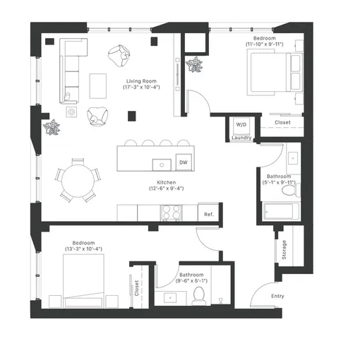 Modern apartment floor plan featuring 2 bedrooms, 2 bathrooms, a spacious living room, and a sleek kitchen with island seating. Includes dedicated laundry and storage areas.