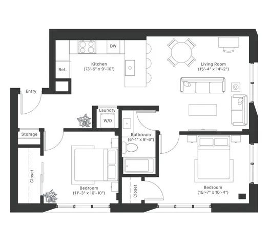 Modern 2D floor plan featuring 2 spacious bedrooms, an inviting living room, and a stylish kitchen layout, perfect for comfortable living.