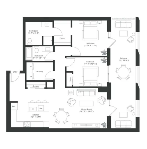 Modern floor plan showcasing 2 bedrooms, spacious living room, well-equipped kitchen, and a charming balcony.