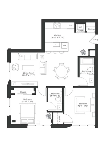 Modern 2D floor plan featuring two bedrooms, an open living room, stylish kitchen, and two bathrooms, perfect for comfortable living.