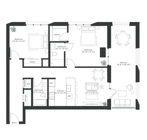 Modern floor plan showcasing two spacious bedrooms, an elegant open-concept kitchen and living area, two bathrooms, and a large balcony perfect for relaxation.