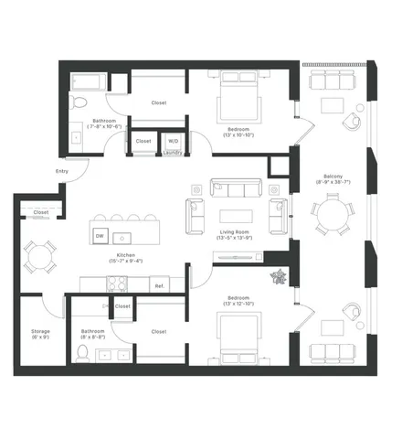 Modern 2D floor plan featuring 2 spacious bedrooms, open-concept kitchen and living room, and a private balcony.