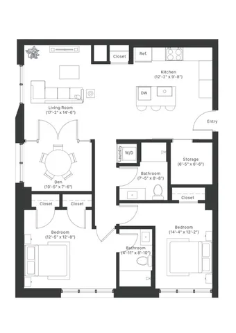 Modern apartment floor plan featuring 2 bedrooms, spacious living room, functional kitchen, and a versatile den area. Includes convenient closet spaces and two well-appointed bathrooms.
