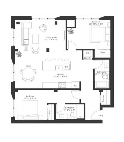Contemporary 2D floor plan showcasing 2 spacious bedrooms, an open living room, modern kitchen with island, and 2 bathrooms for ultimate comfort.