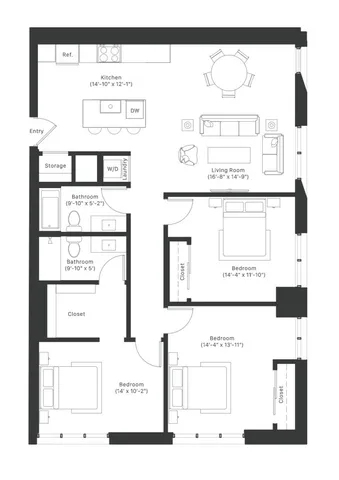 Modern floor plan showcasing 3 spacious bedrooms, a cozy living room, and a stylish kitchen with dining area, ideal for comfort and functionality.