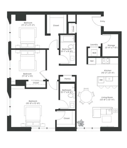 Modern floor plan featuring 3 spacious bedrooms, open-concept living and dining area, sleek kitchen, and convenient laundry space with ample storage.