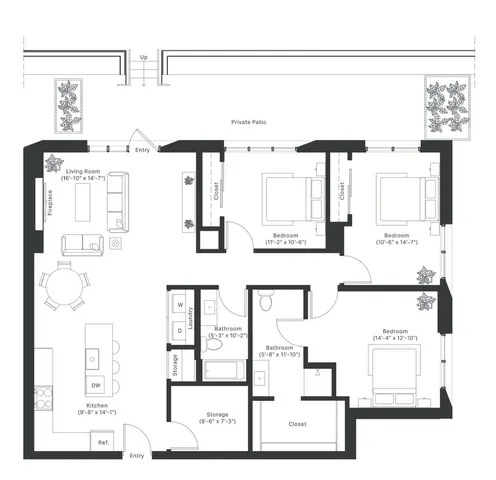 Modern floor plan featuring 3 bedrooms, a cozy living room with fireplace, spacious kitchen, and a private patio.
