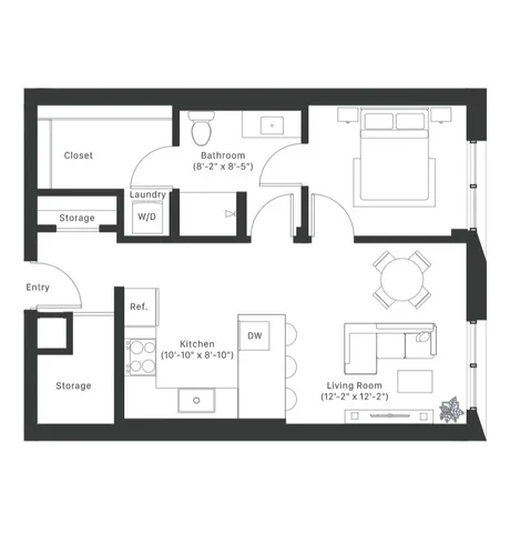 Modern 1-bedroom apartment floor plan showcasing an open-concept kitchen and cozy living room with spacious bathroom and convenient storage areas.