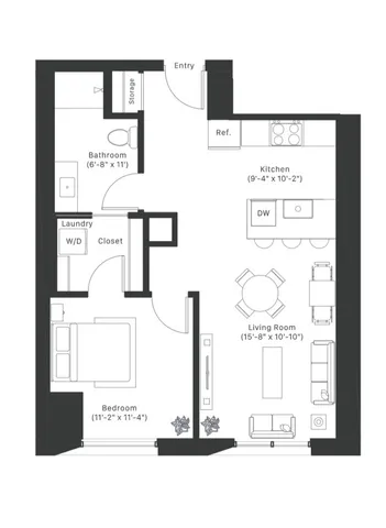 Charming floor plan featuring 1 spacious bedroom, modern kitchen, and inviting living room.