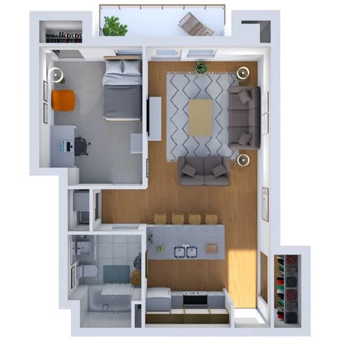 Modern apartment 3D floor plan featuring a cozy bedroom, stylish open-concept living area, and a sleek kitchen with island seating.