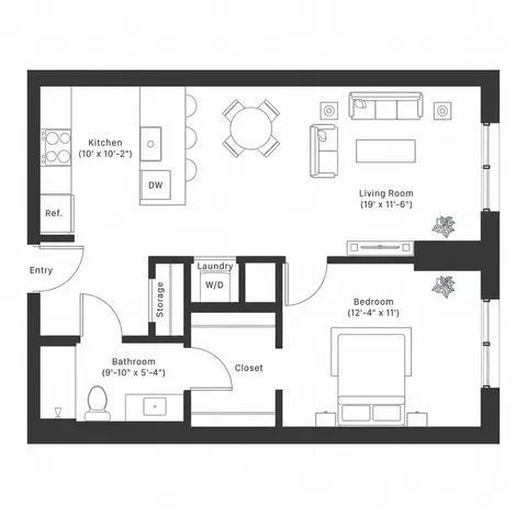 Contemporary 1-bedroom apartment floor plan featuring an open-concept living room, modern kitchen, and convenient laundry area.