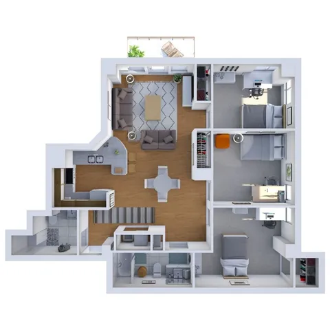 Chic 3D floor plan showcasing a cozy two-bedroom layout with a stylish open living room, modern kitchen, and luxurious bathroom, perfect for student living.