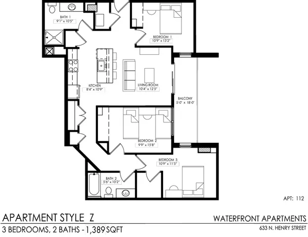 Inviting floor plan of Apartment Style Z with 3 spacious bedrooms, 2 modern baths, open kitchen, cozy living room, and a large balcony, totaling 1,389 sqft at Waterfront Apartments.
