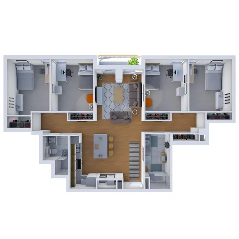 Modern floor plan showcasing four spacious bedrooms, an elegant open-concept living area, and a gourmet kitchen with island seating.