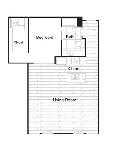 Modern floor plan showcasing an open-concept living room and kitchen, spacious bedroom, and a well-appointed bath with convenient closet space.