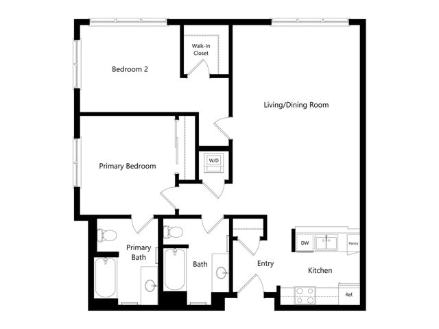 Spacious modern floor plan featuring 2 bedrooms, primary with walk-in closet, open-concept living/dining room, and a sleek kitchen.