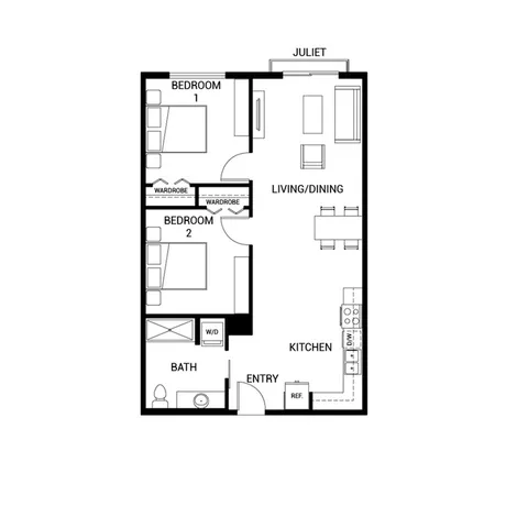 Chic 2-bedroom floor plan with open living and dining area, Juliet balcony, modern kitchen, and elegant bath.
