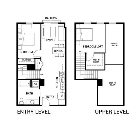 Modern two-level floor plan featuring a spacious bedroom loft with walk-in closet, cozy entry-level bedroom, open living and dining area, stylish kitchen, and a charming balcony.