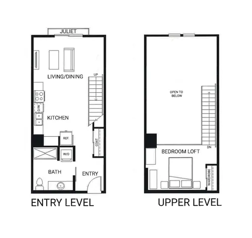 Contemporary two-level floor plan with an open-concept entry featuring a kitchen, living/dining area, and convenience bath. Upper level offers a spacious bedroom loft and open space below, ideal for modern living.
