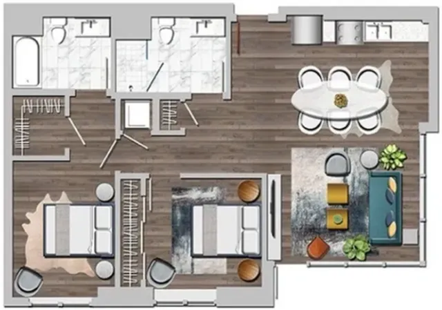 Modern floor plan showcasing 2 elegant bedrooms, 2 luxurious bathrooms, a sleek kitchen, and a stylish dining area.