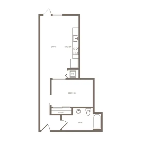 Modern apartment floor plan with one bedroom, an open kitchen, living area, and spacious bath, featuring convenient in-unit washer and dryer.