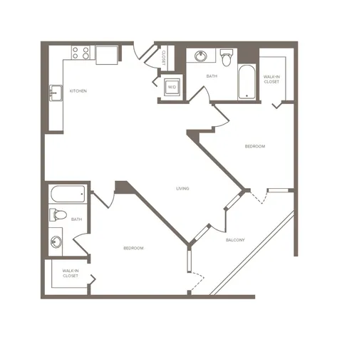 Spacious floor plan featuring 2 bedrooms, 2 baths, a modern kitchen, and a bright living area with a balcony.