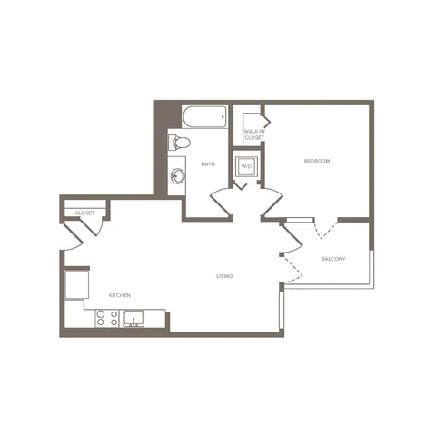 Modern floor plan showcasing 1 bedroom with a walk-in closet, open kitchen-living area, bathroom, and balcony.