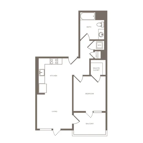 Modern apartment floor plan showcasing a cozy 1-bedroom with a walk-in closet, an inviting living and kitchen area, bathroom, washer/dryer setup, and a delightful balcony.