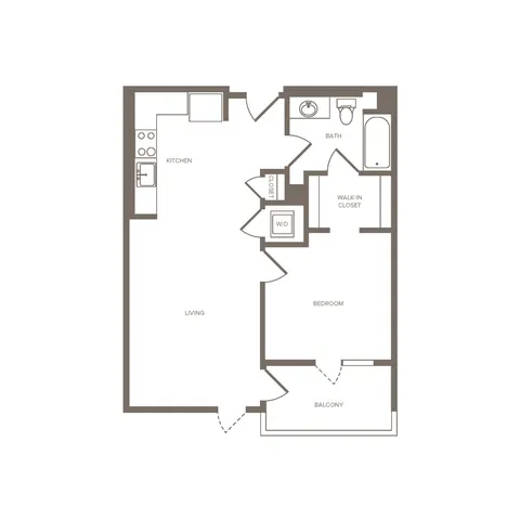 Modern 2D floor plan showcasing a 1-bedroom apartment with open-concept living, functional kitchen, spacious bath, walk-in closet, and inviting balcony.