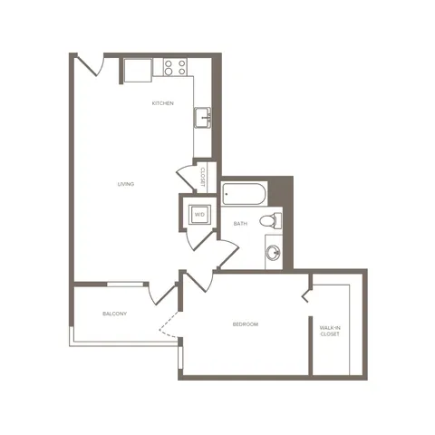 Contemporary floor plan of a one-bedroom apartment featuring an open kitchen-living area, spacious balcony, bathroom, and walk-in closet.