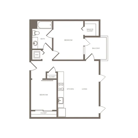 Modern apartment floor plan featuring 2 bedrooms, a spacious living and kitchen area, walk-in closet, and a private balcony.