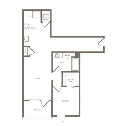 Modern floor plan showcasing one-bedroom apartment with walk-in closet, spacious living area, kitchen with washer/dryer, and private balcony.