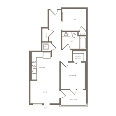 Contemporary floor plan showcasing a spacious bedroom, den, open kitchen, living area, and a private balcony.