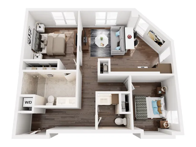 Sophisticated 3D floor plan depicting 2 bedrooms, a sleek living room, and a modern kitchen with ample natural light.