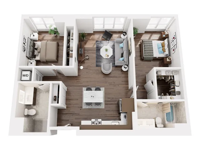 Inviting 2-bedroom 3D floor plan with open-concept living area and modern kitchen design.