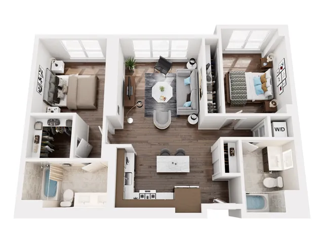 3D floor plan of a two-bedroom apartment showcasing an open living area, stylish kitchen, and modern bathrooms.