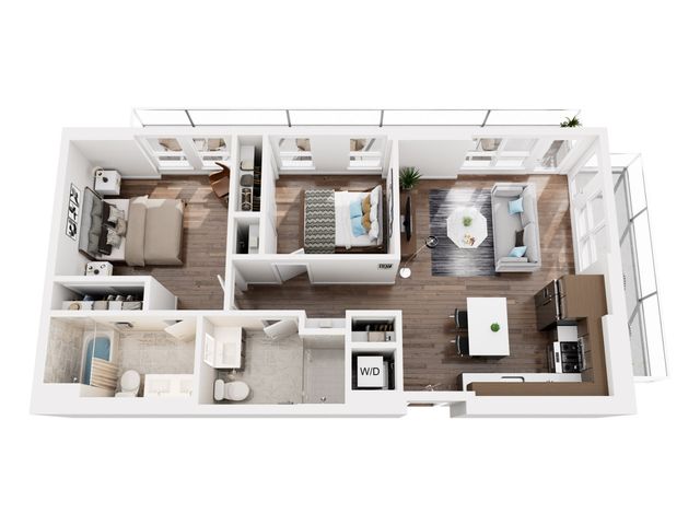 Sleek 3D floor plan with two bedrooms, a modern kitchen, and a bright living room.